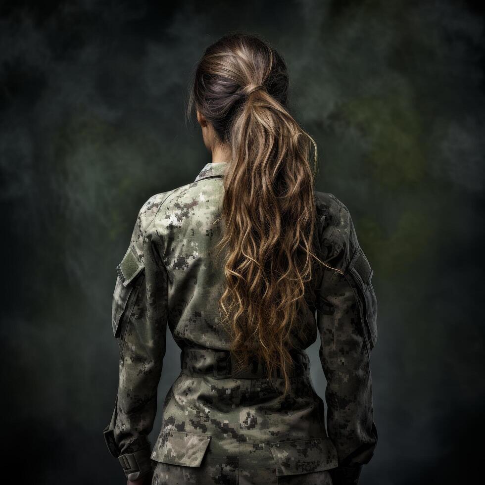 Soldier with long wavy hair in military uniform photo