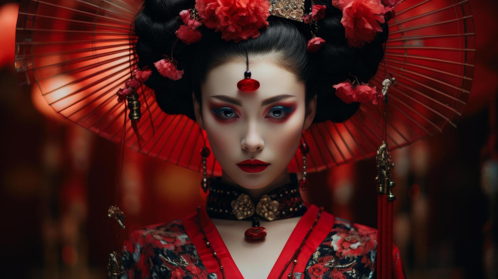 Elegant geisha portrait in traditional japanese attire photo