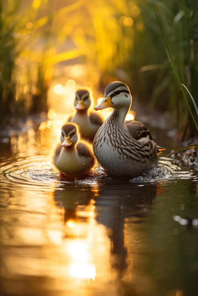 family of ducklings swimming in golden pond photo