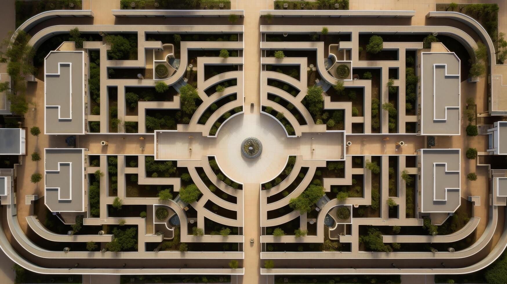 Intricate architectural design with geometric patterns and greenery photo