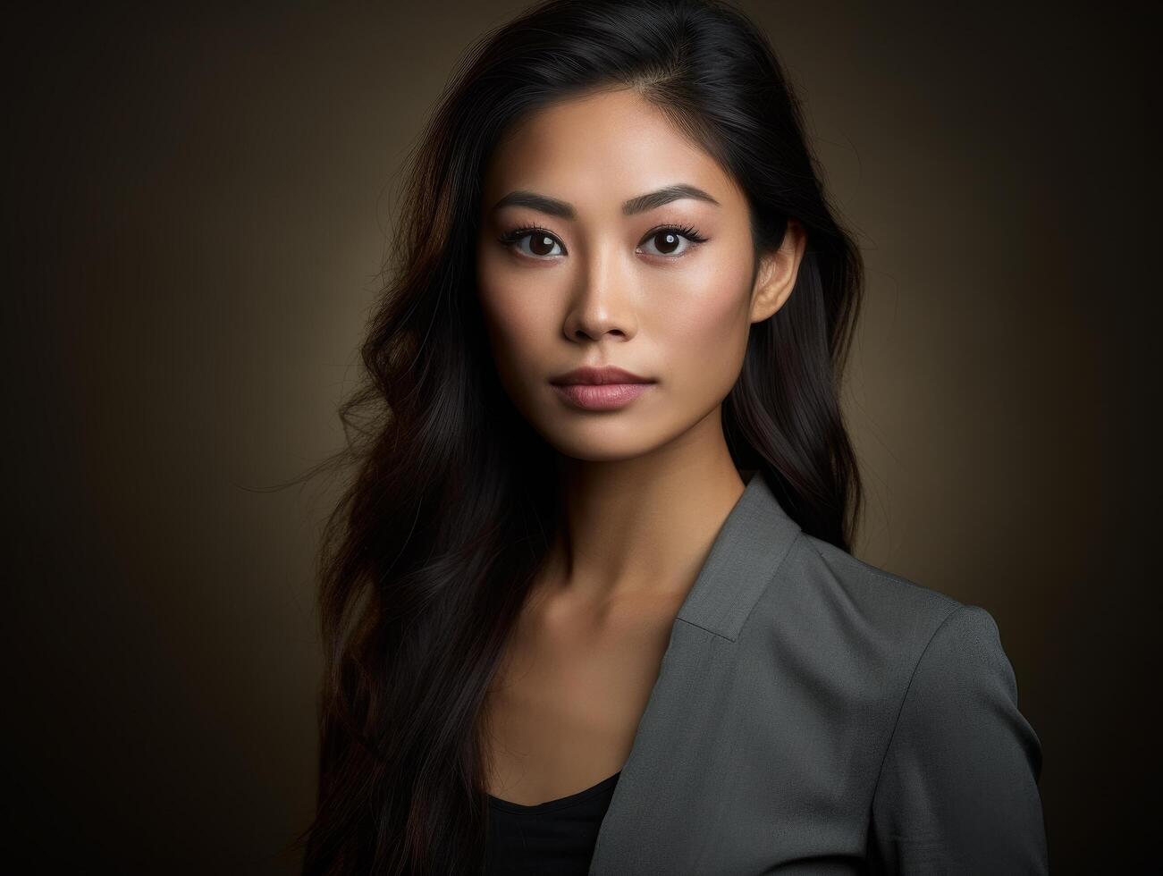 Confident asian businesswoman in gray suit photo