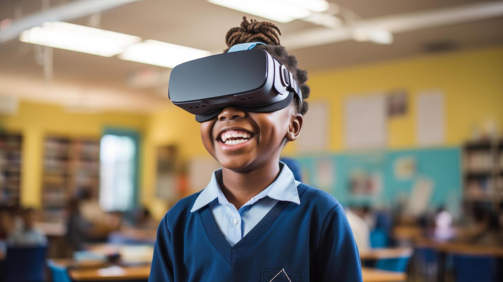 young student using virtual reality headset in classroom photo