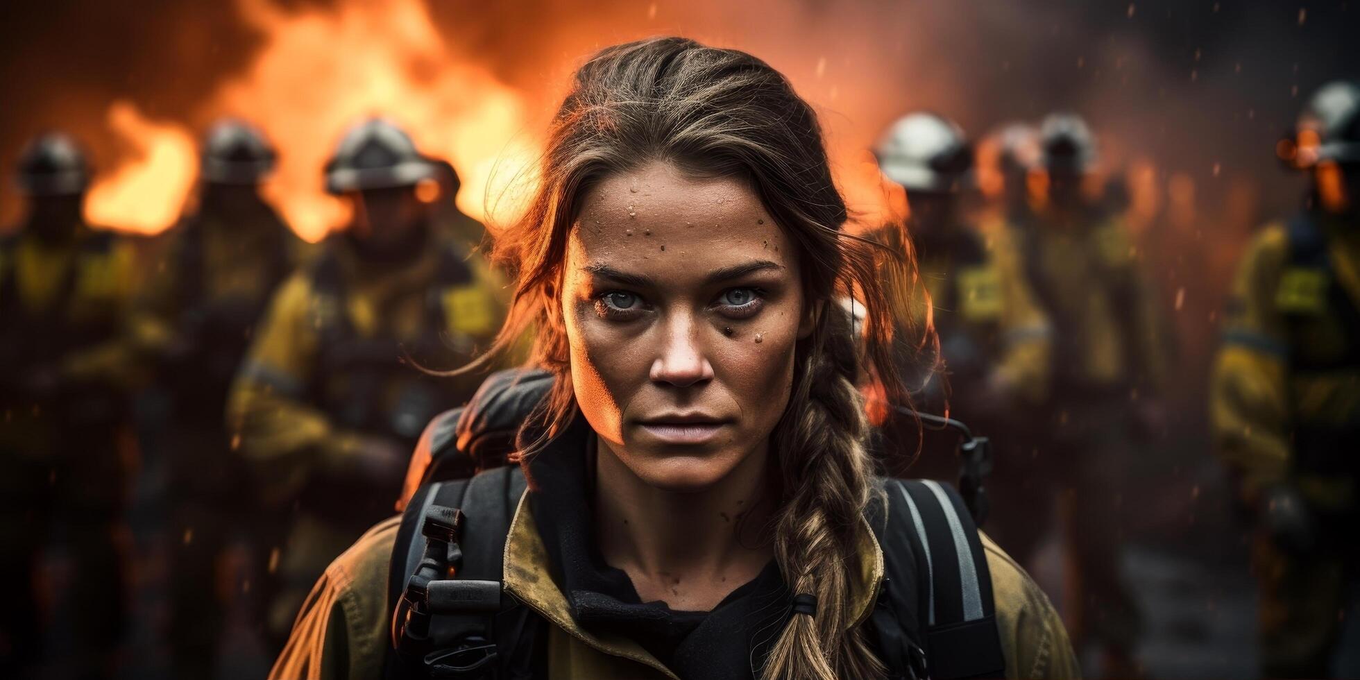 Determined firefighter facing a raging blaze photo