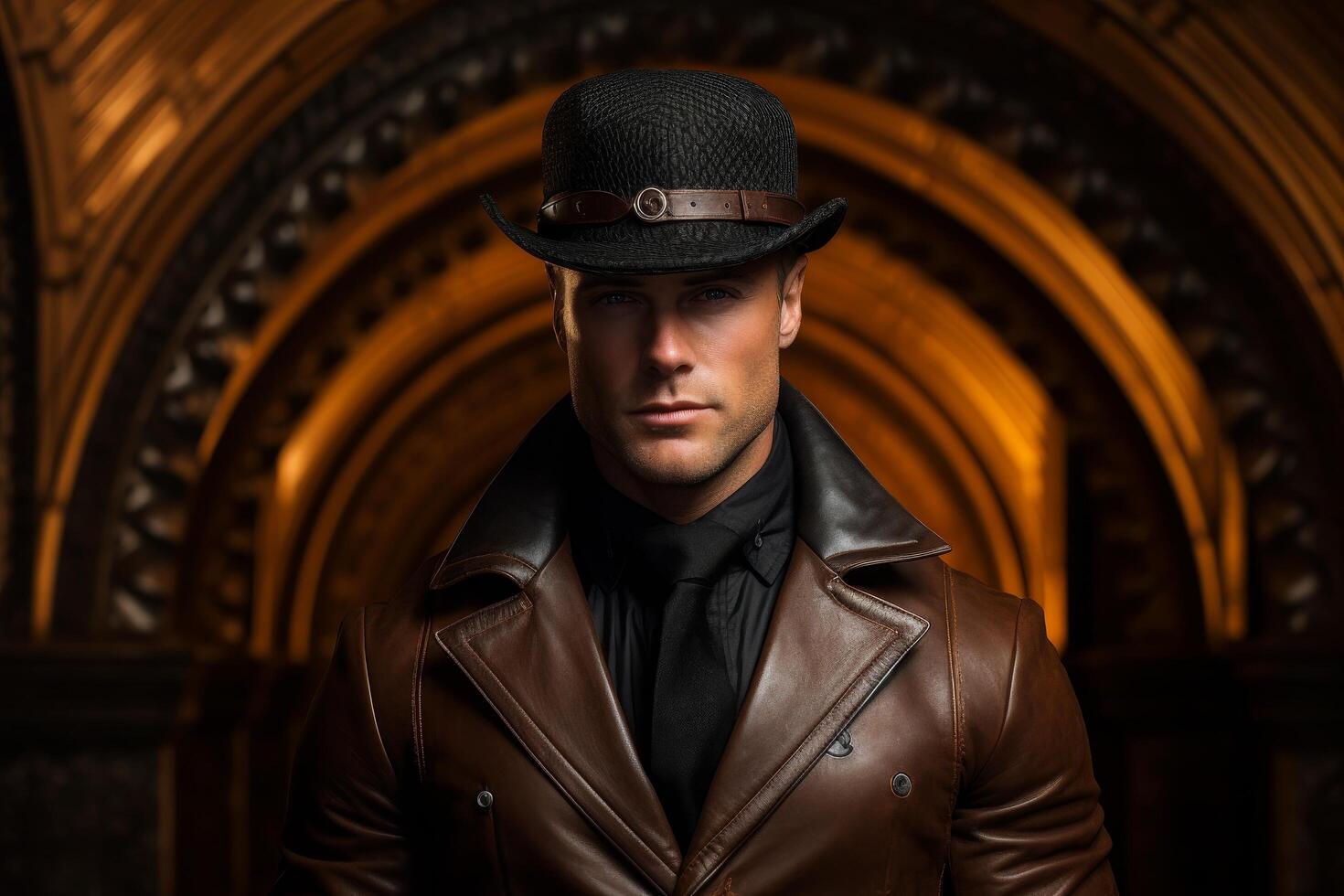 Mysterious man in leather coat and hat photo
