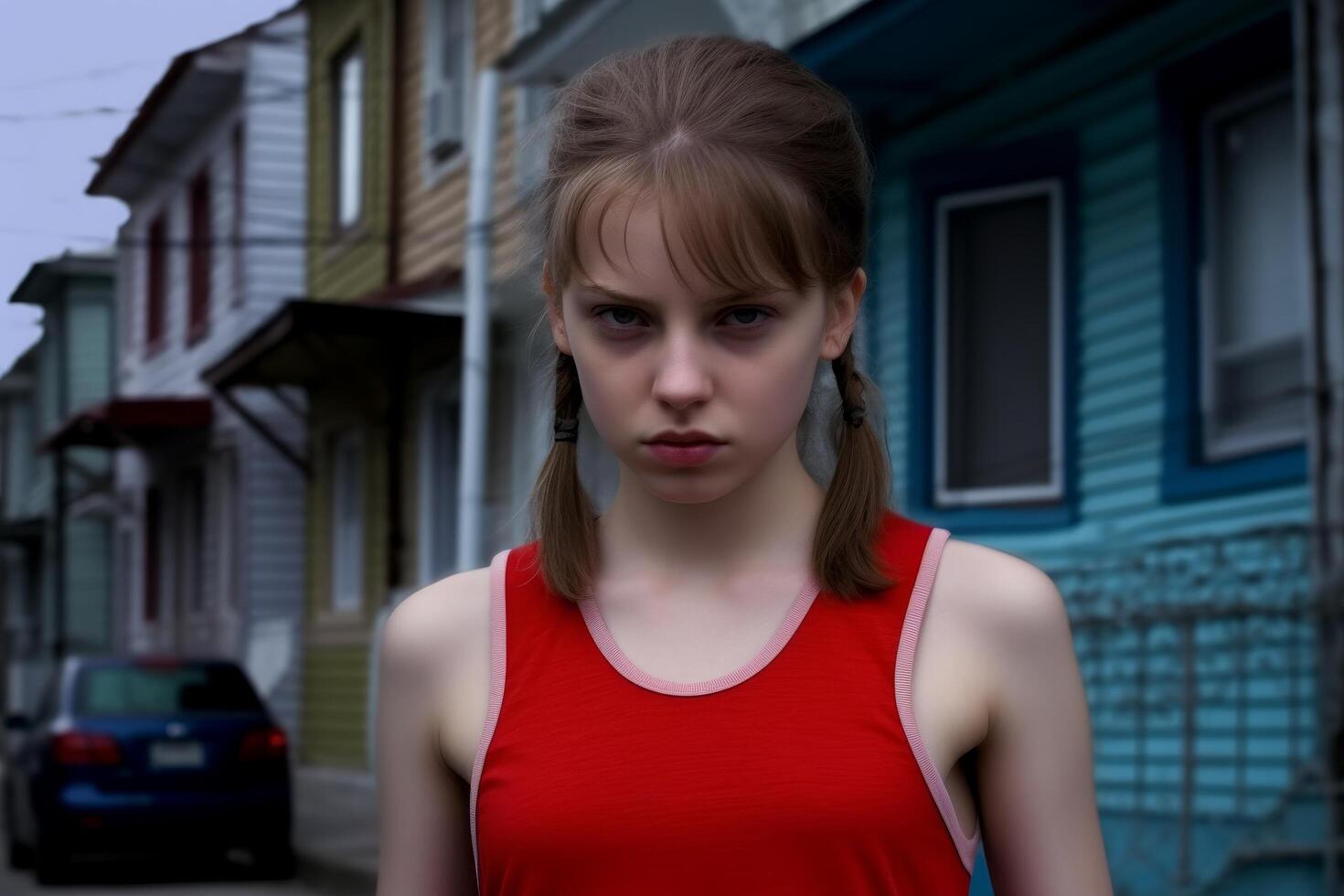 young girl with serious expression on urban street photo