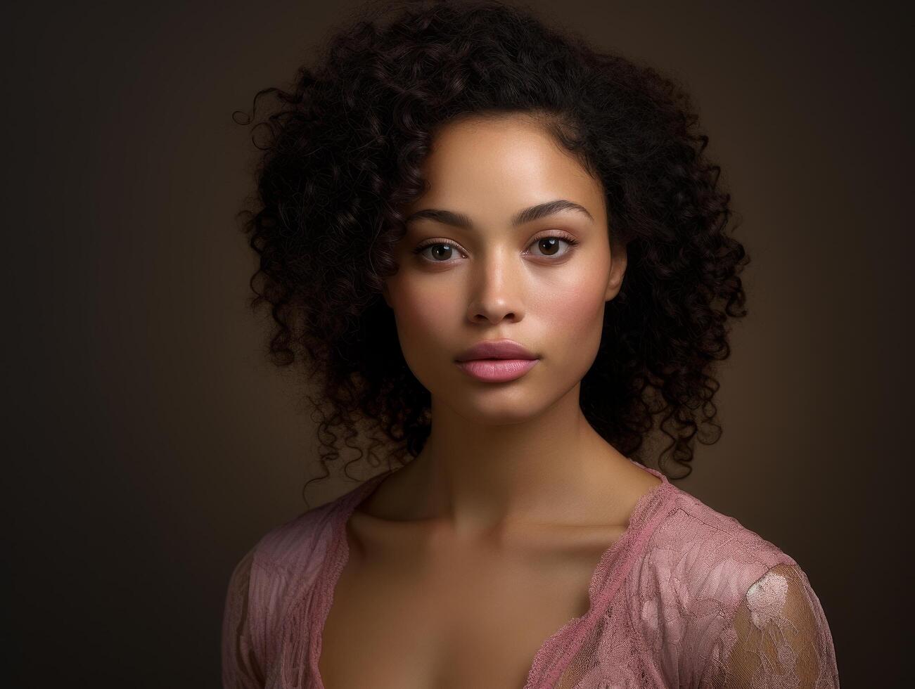 Elegant woman with curly hair in pink dress photo