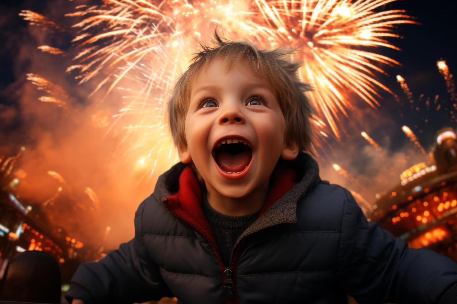 Joyful child watching fireworks display photo