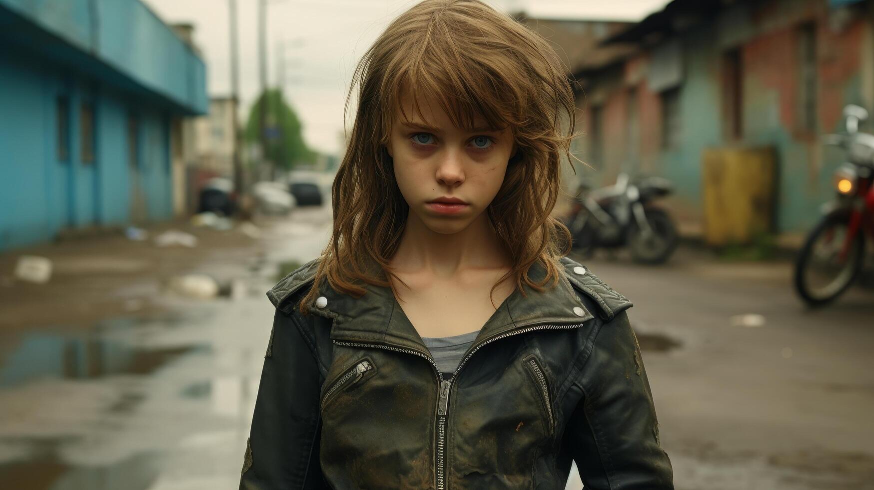 Serious young girl in leather jacket standing on urban street photo