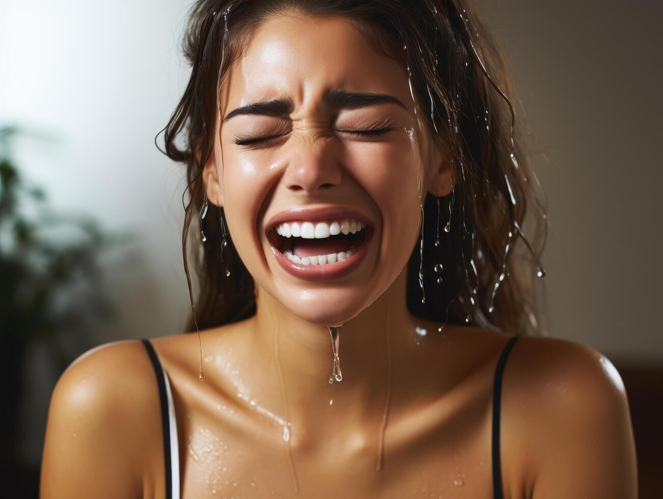 woman laughing with water droplets on face photo