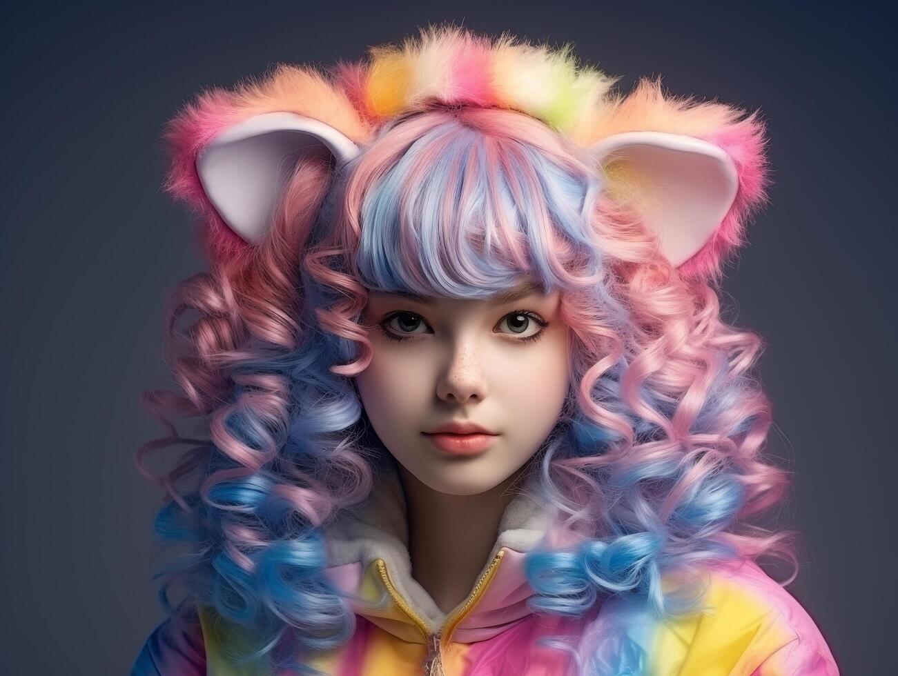Vibrant anime inspired portrait with colorful hair and makeup photo