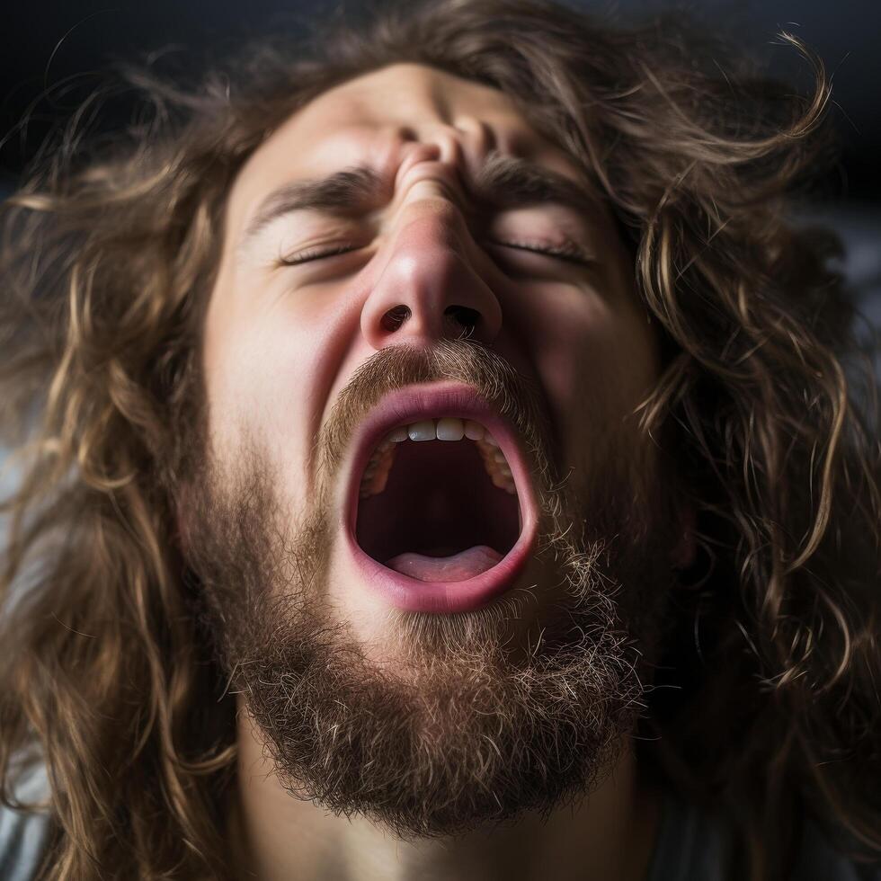 Intense expression of a bearded man with wild hair photo