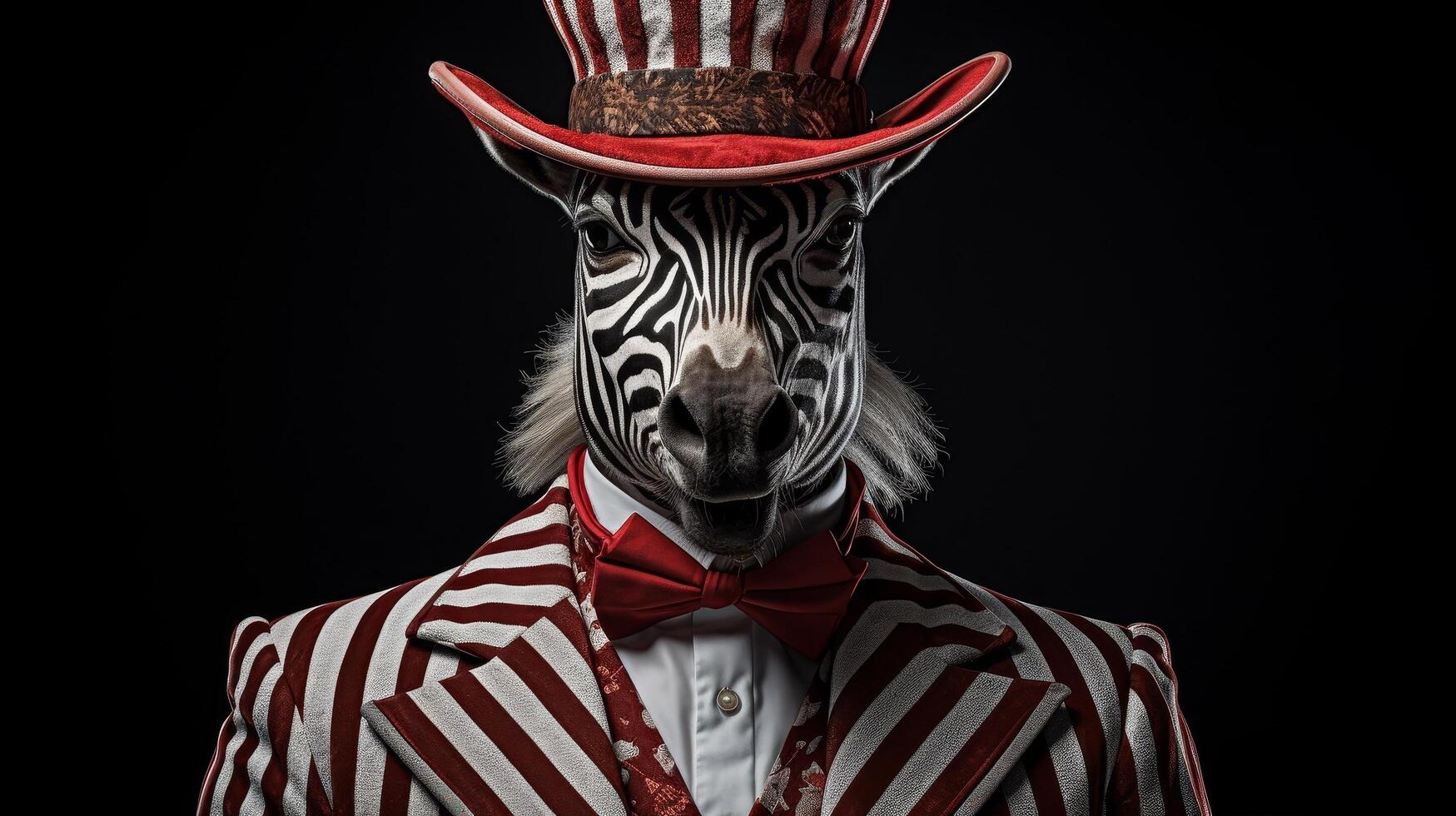zebra in red and white striped suit with top hat photo