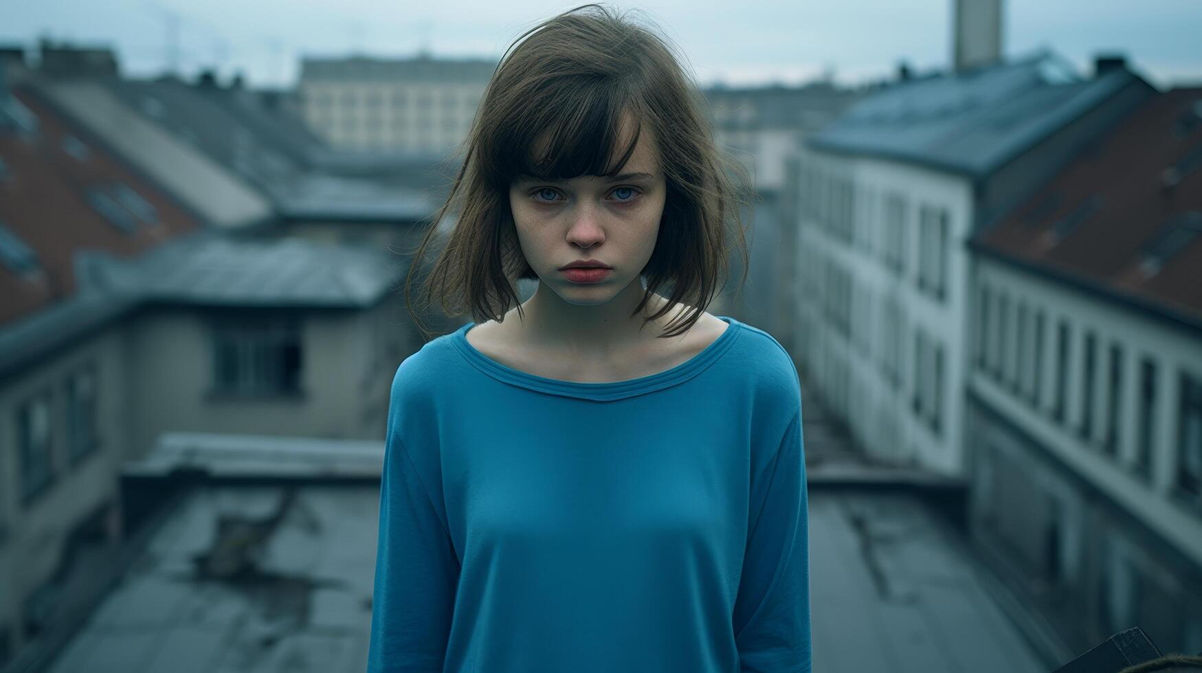 Pensive young woman in blue shirt photo