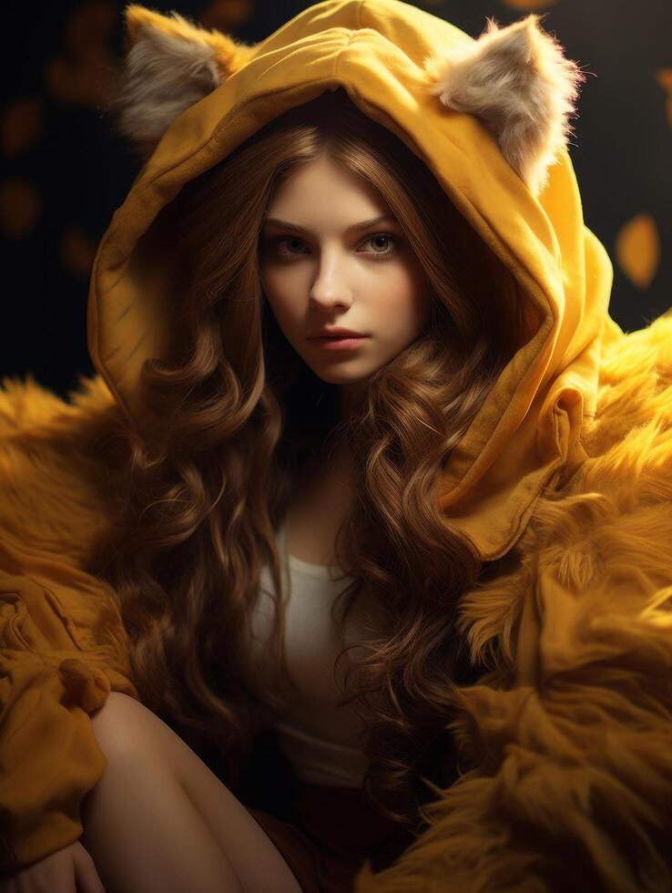 Mysterious woman in yellow hooded coat photo