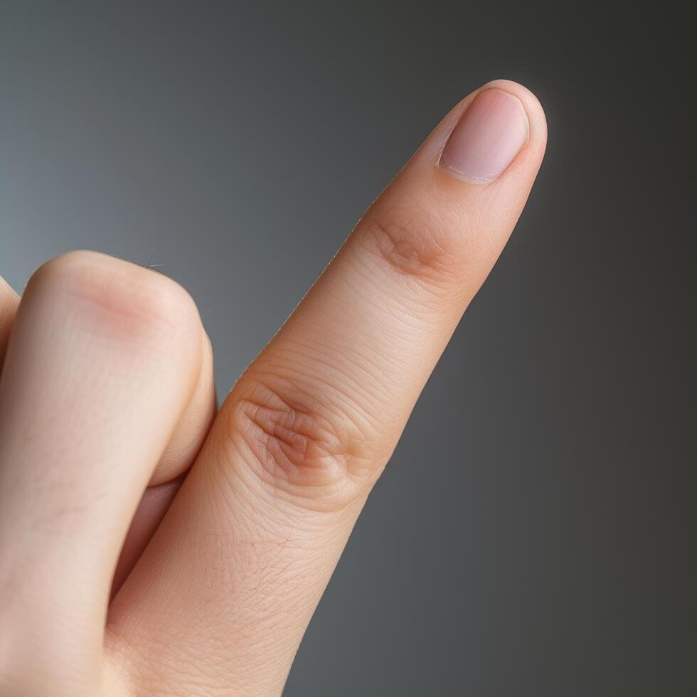 close up of a human finger with a pink nail polish photo