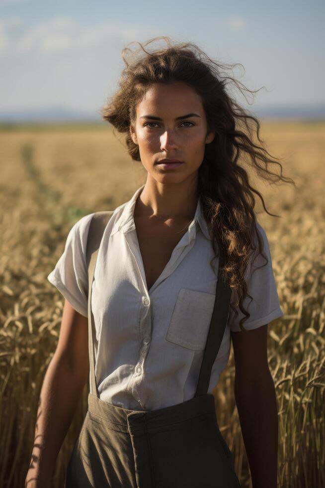 woman in field with windblown hair photo