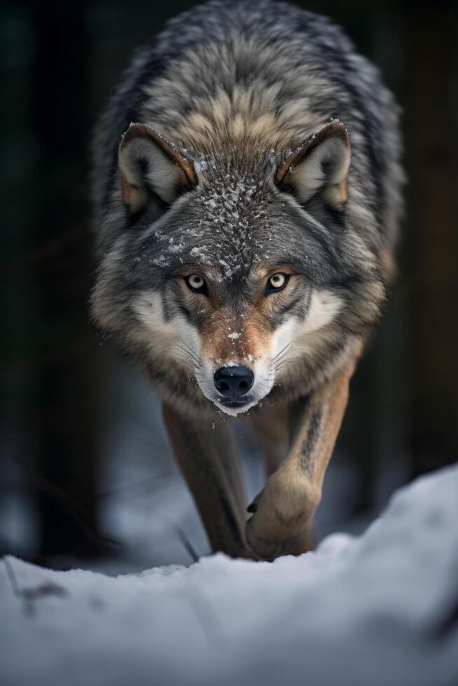 Captivating close up of a fierce wolf in the snowy wilderness photo