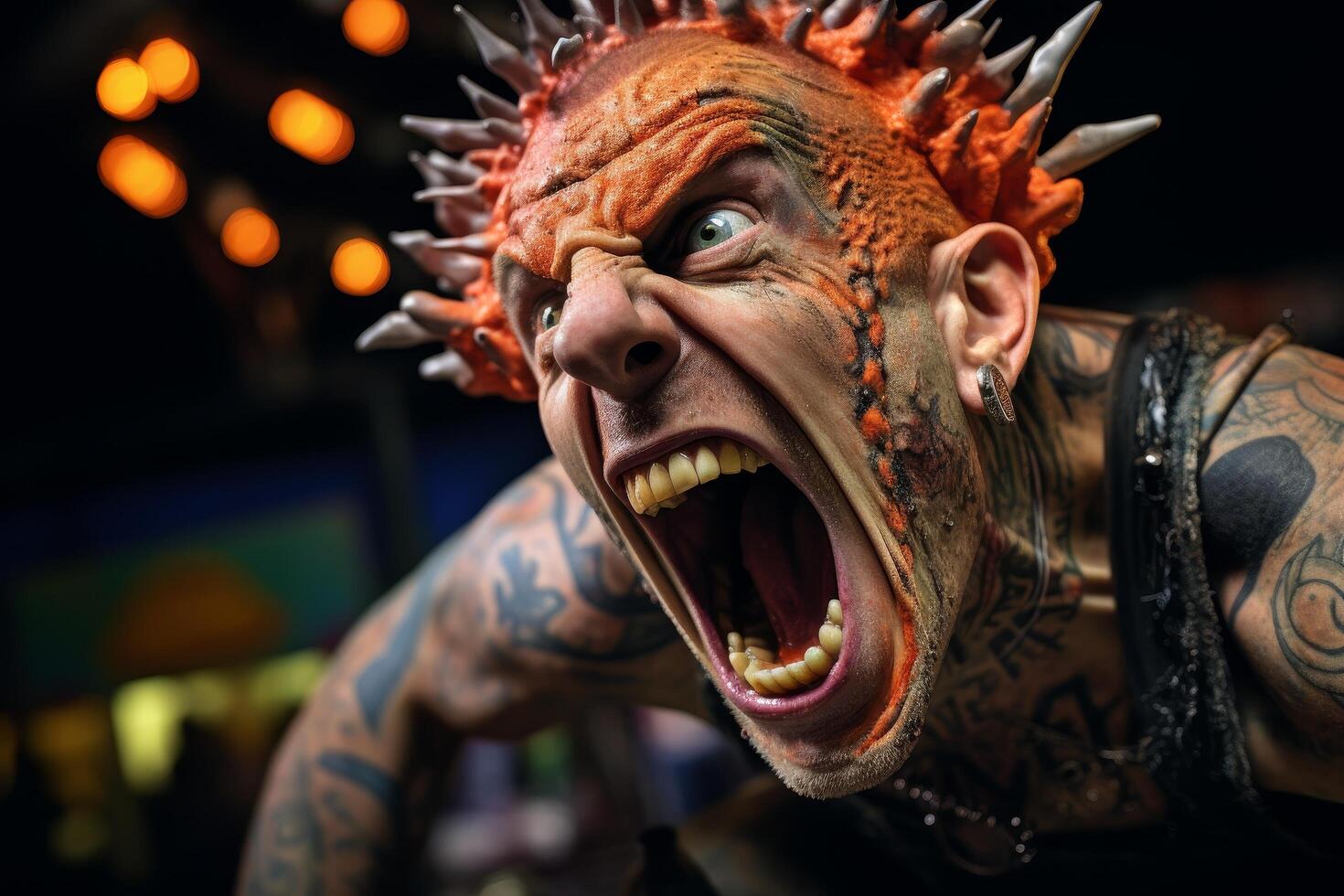 Intense close up of a monstrous creature with horns and tattoos photo