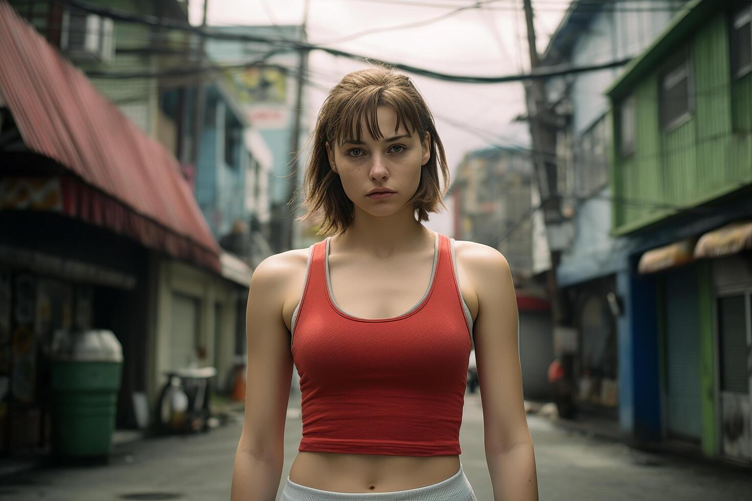 young woman in red tank top standing in urban alley photo