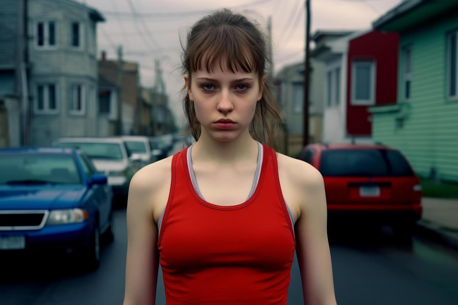 young woman in red tank top on city street photo