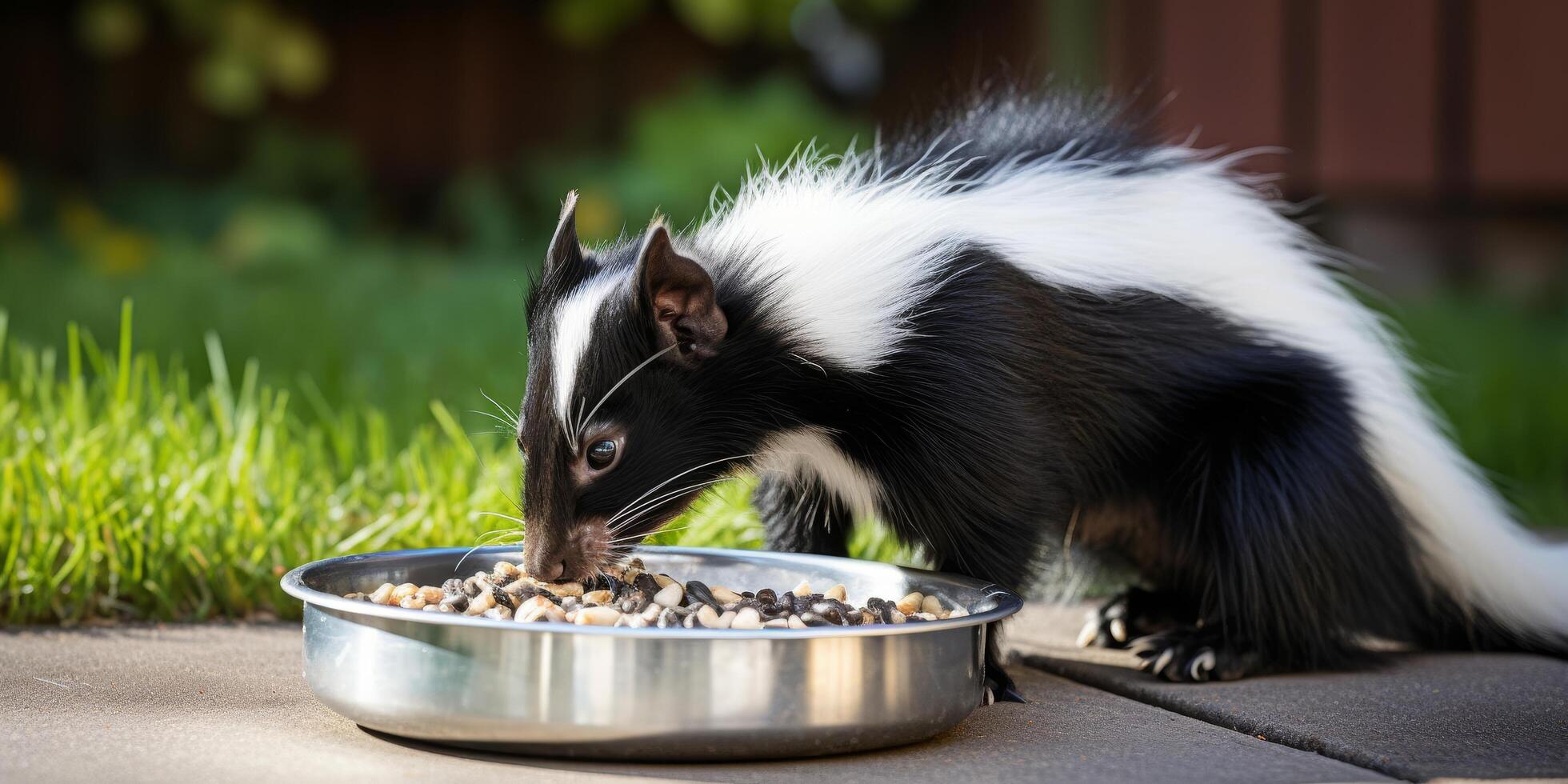 Curious skunk eating from a pet food bowl photo