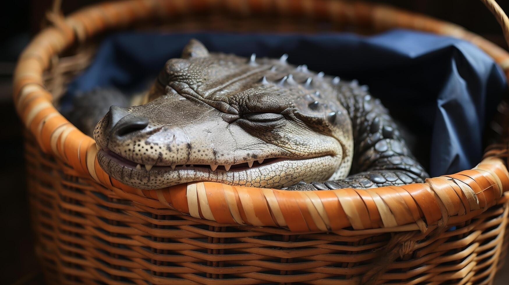 close up of a sleeping alligator in a wicker basket photo