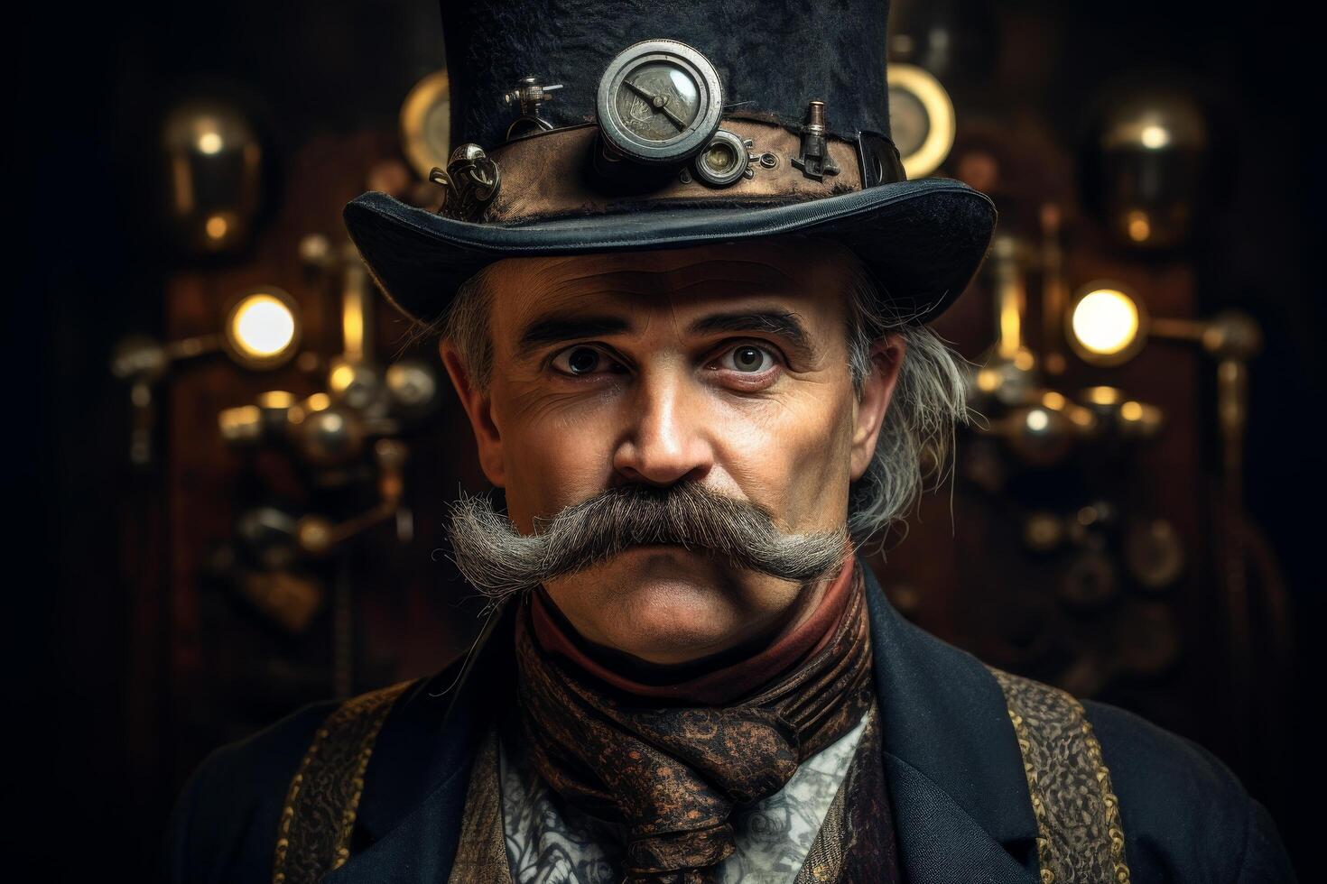 Steampunk portrait of a rugged man with a mustache and goggles photo