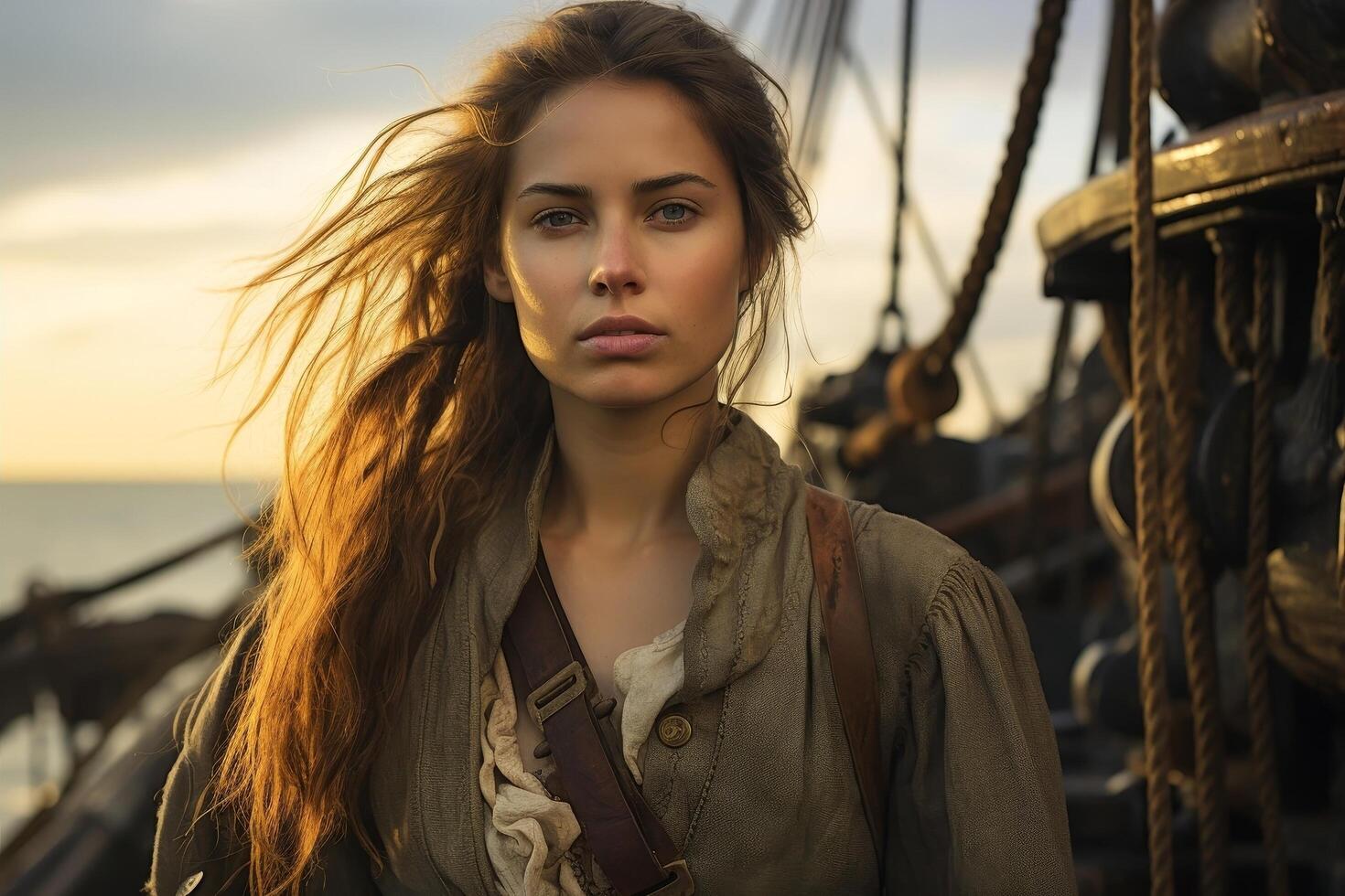 Adventurous woman on a sailing ship at sunset photo