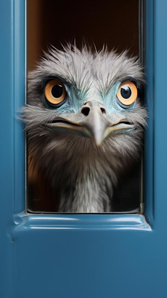 Intense eyes of a wild bird peeking through a blue window frame photo