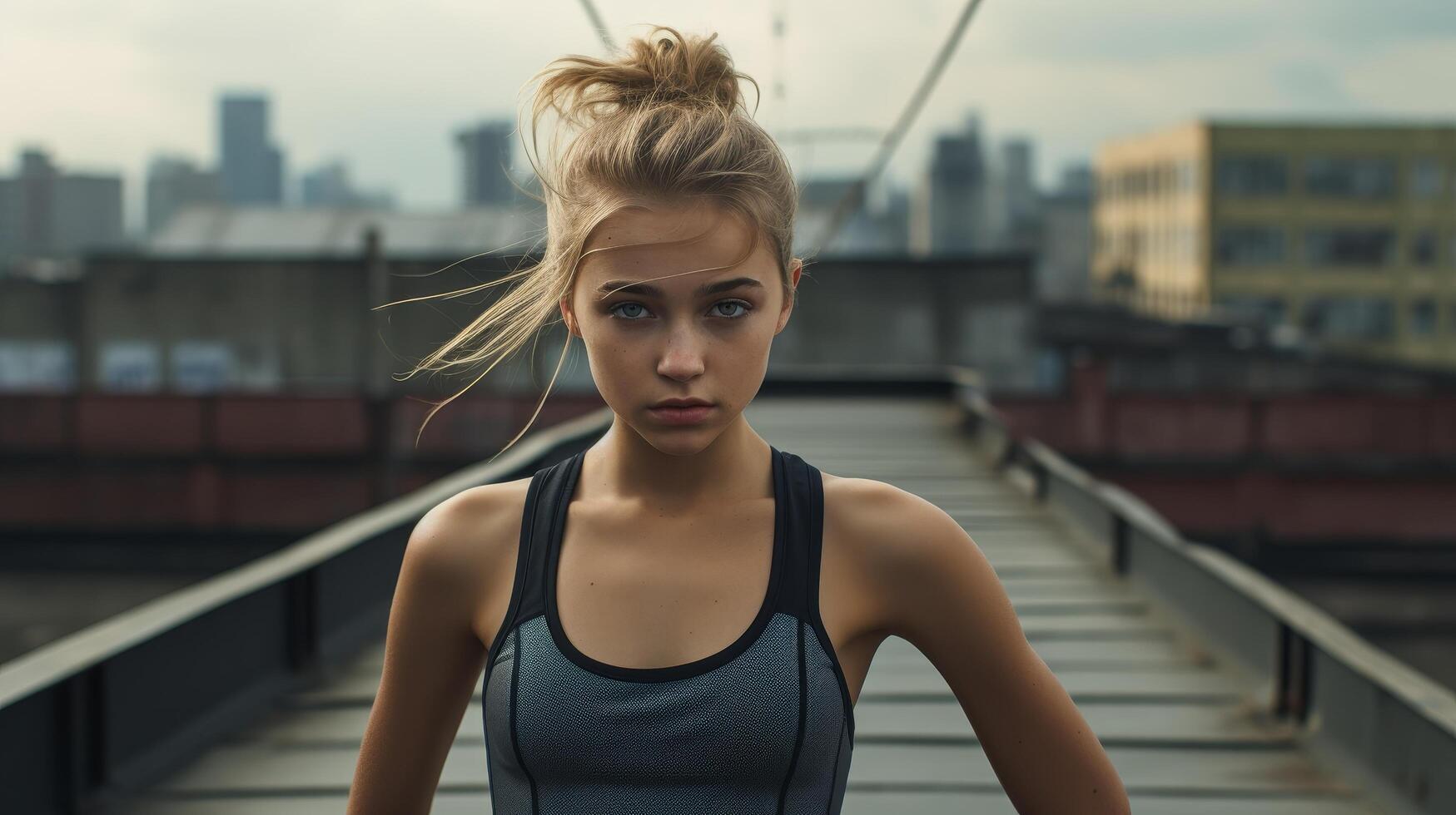 determined woman with windblown hair in athletic wear photo