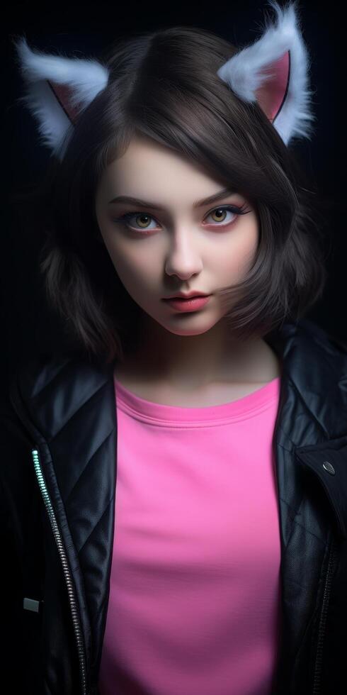 young woman with cat ears in dark outfit photo