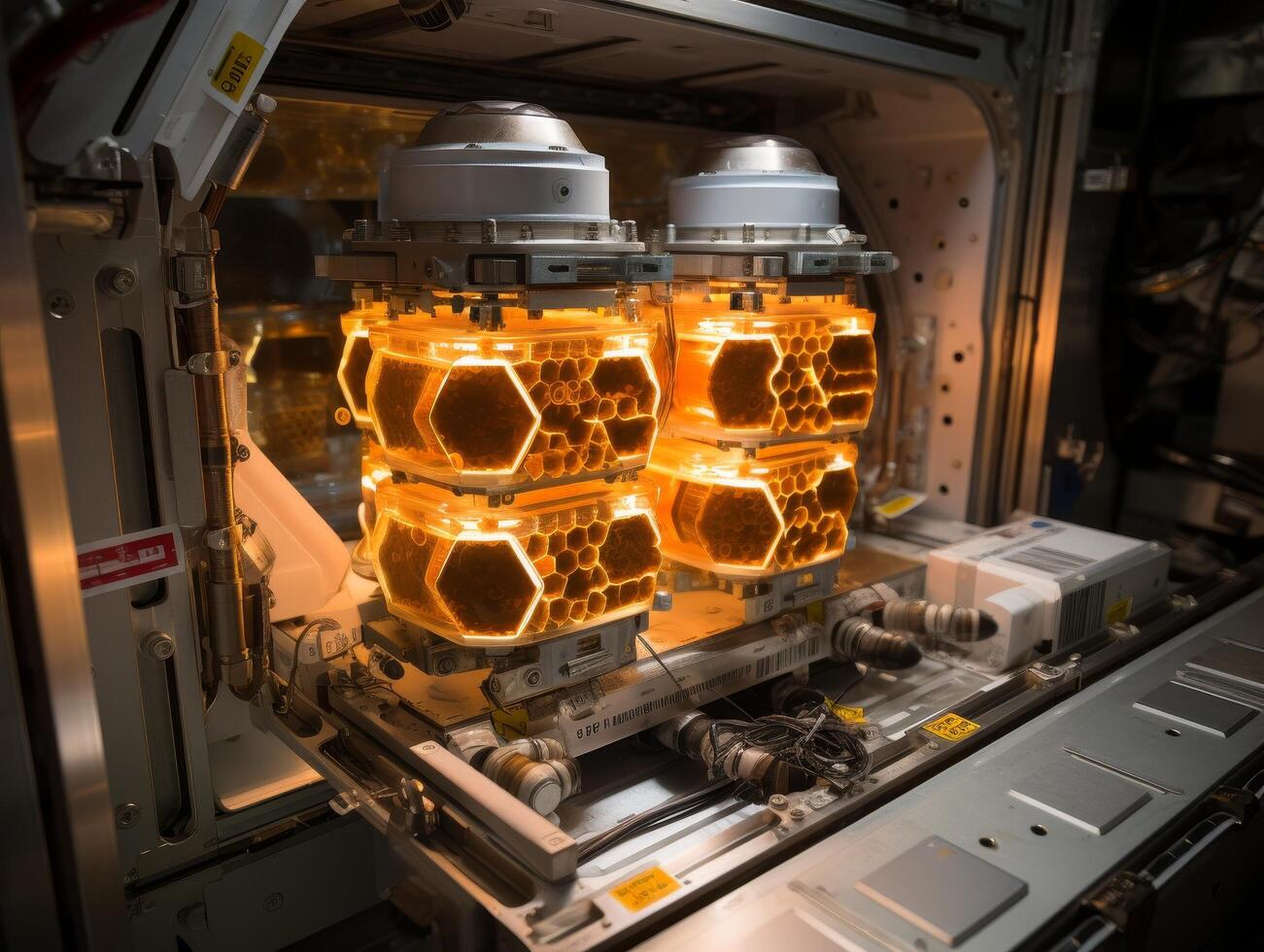 Glowing honeycomb structures inside a scientific device photo