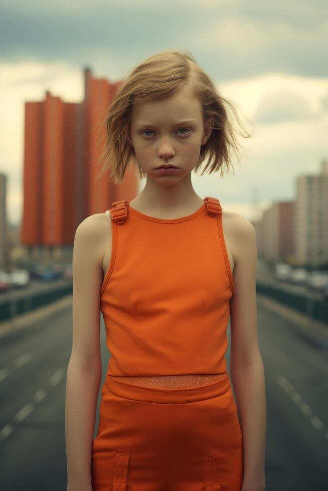 Thoughtful young woman in orange outfit photo