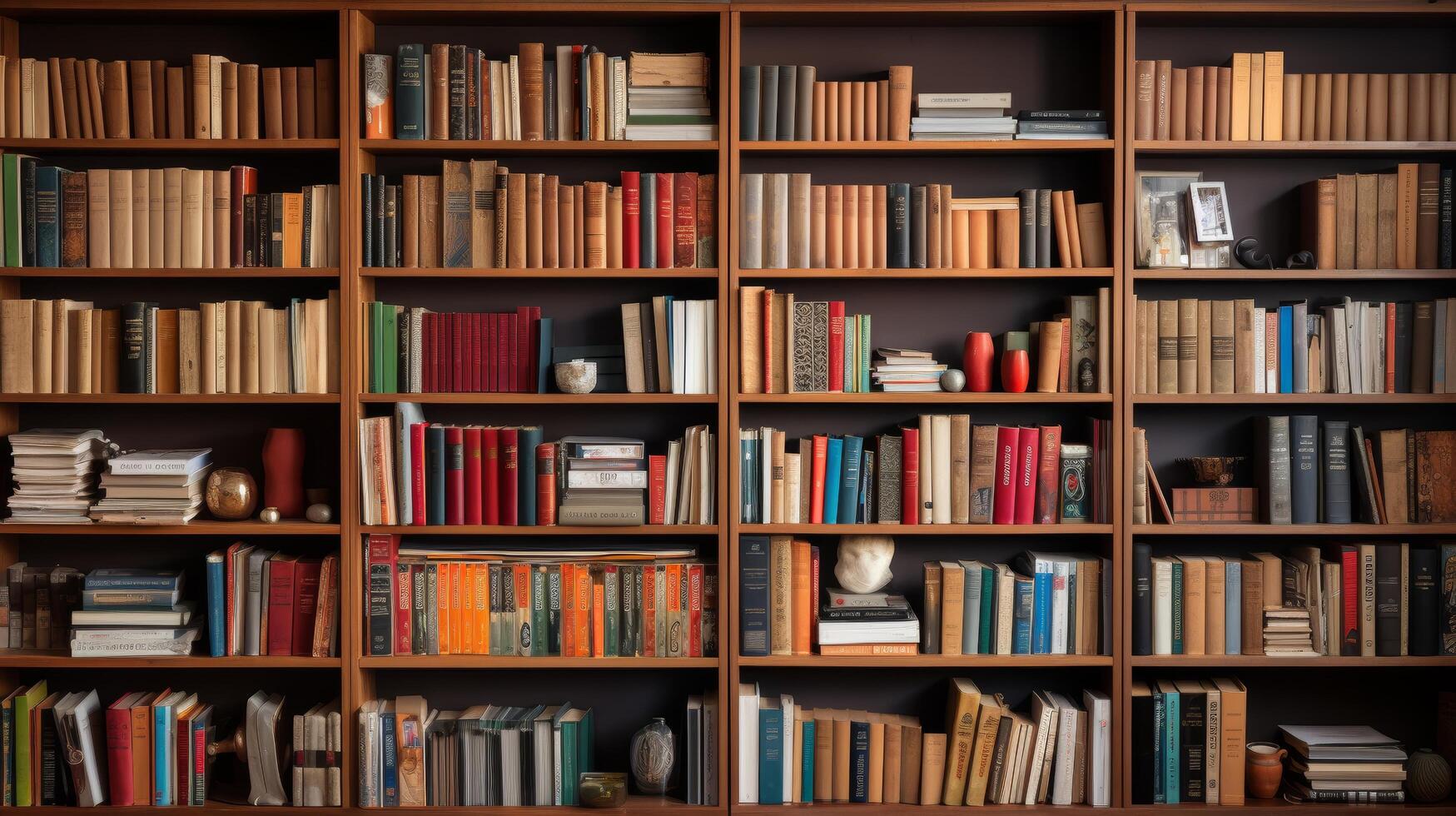 Cozy home library with rows of books on wooden shelves photo