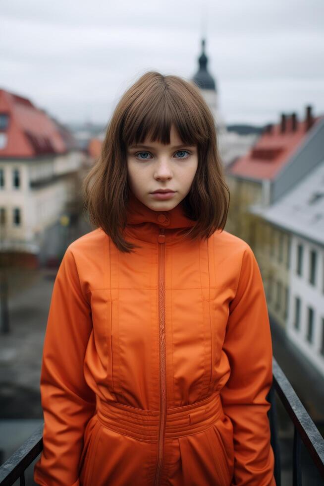young girl in orange jacket standing on city street photo