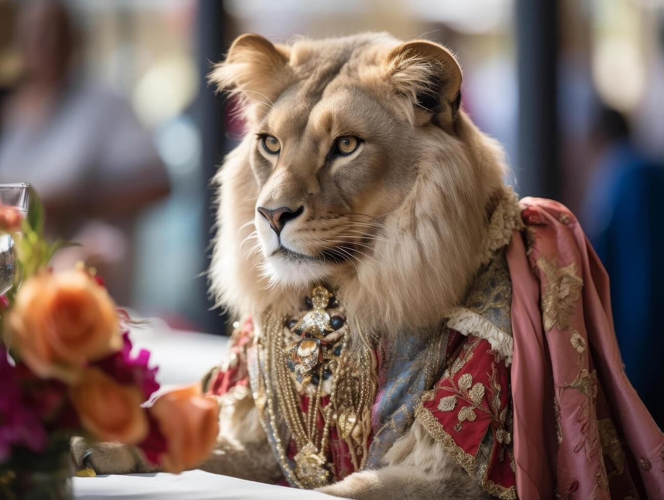 Regal lion in ornate attire photo