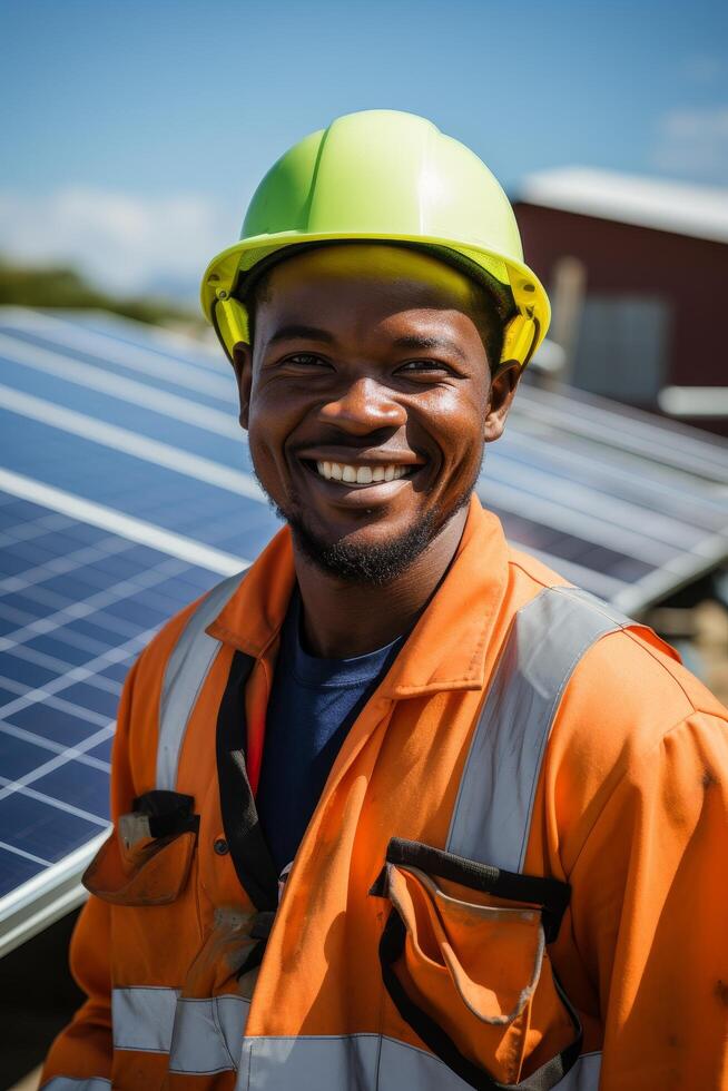 smiling construction worker in safety gear photo