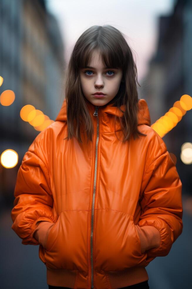 young girl in bright orange jacket photo