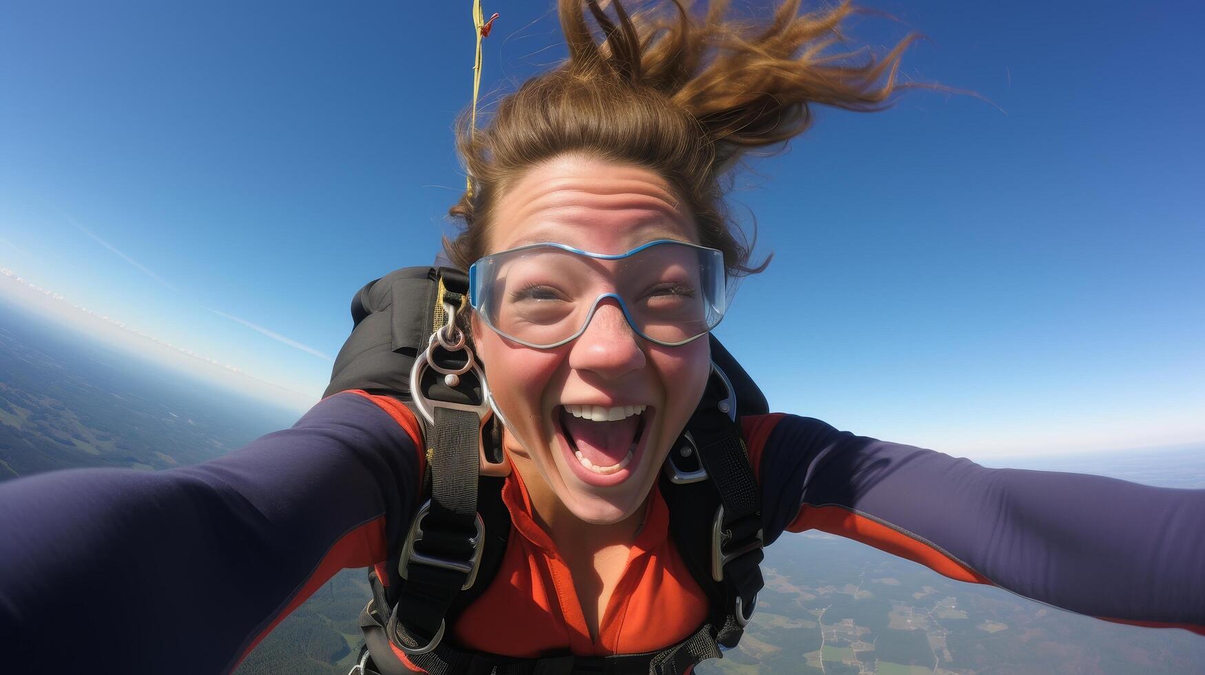 Exhilarated skydiver experiencing the thrill of freefall photo
