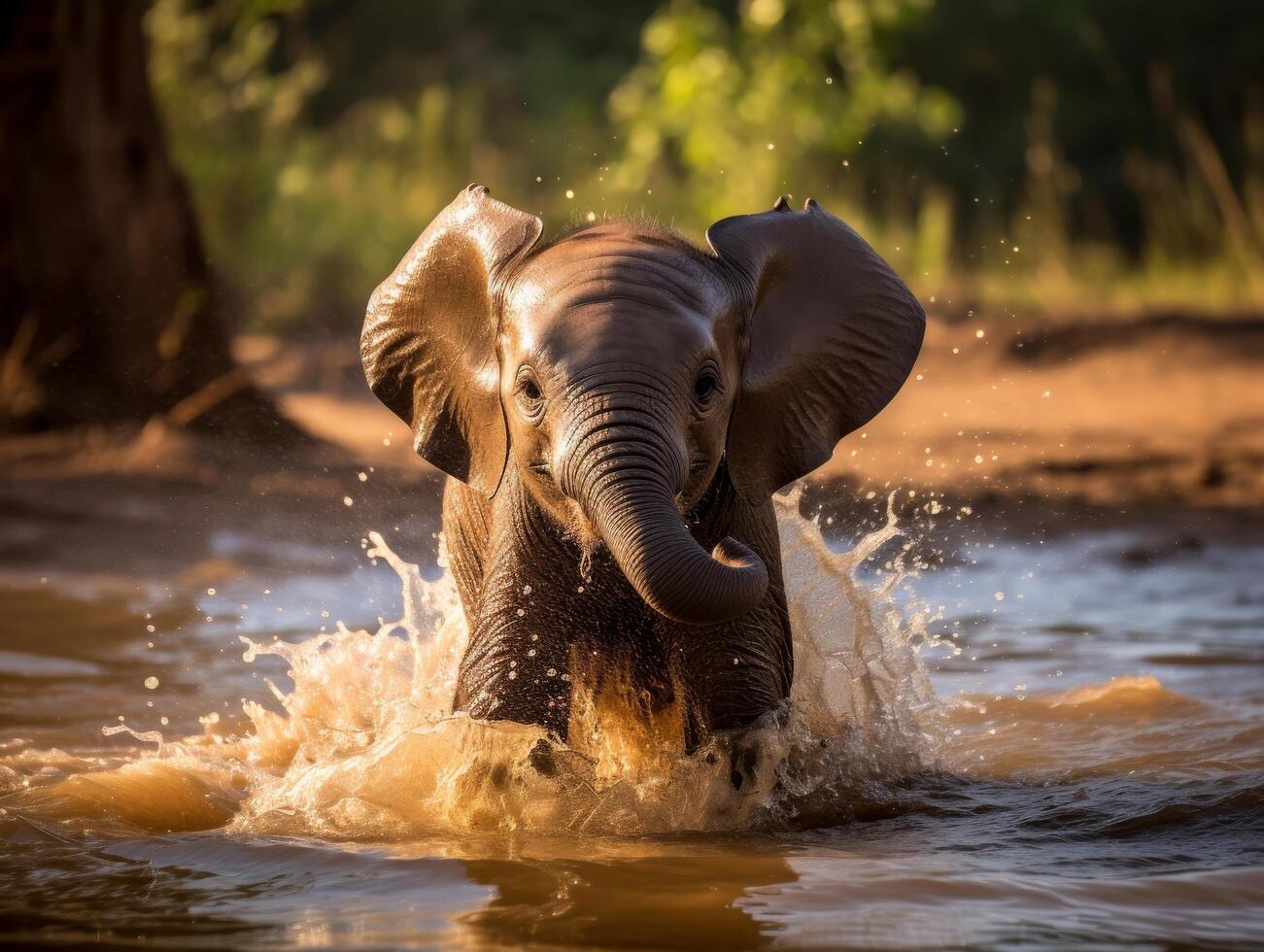 Playful elephant splashing in water photo
