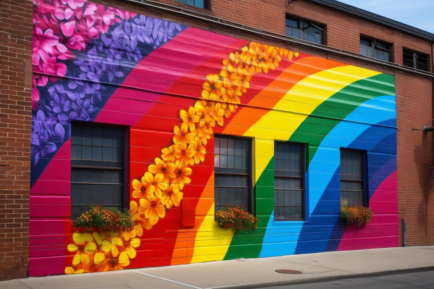 Vibrant mural with colorful flowers and rainbow pattern on brick building photo