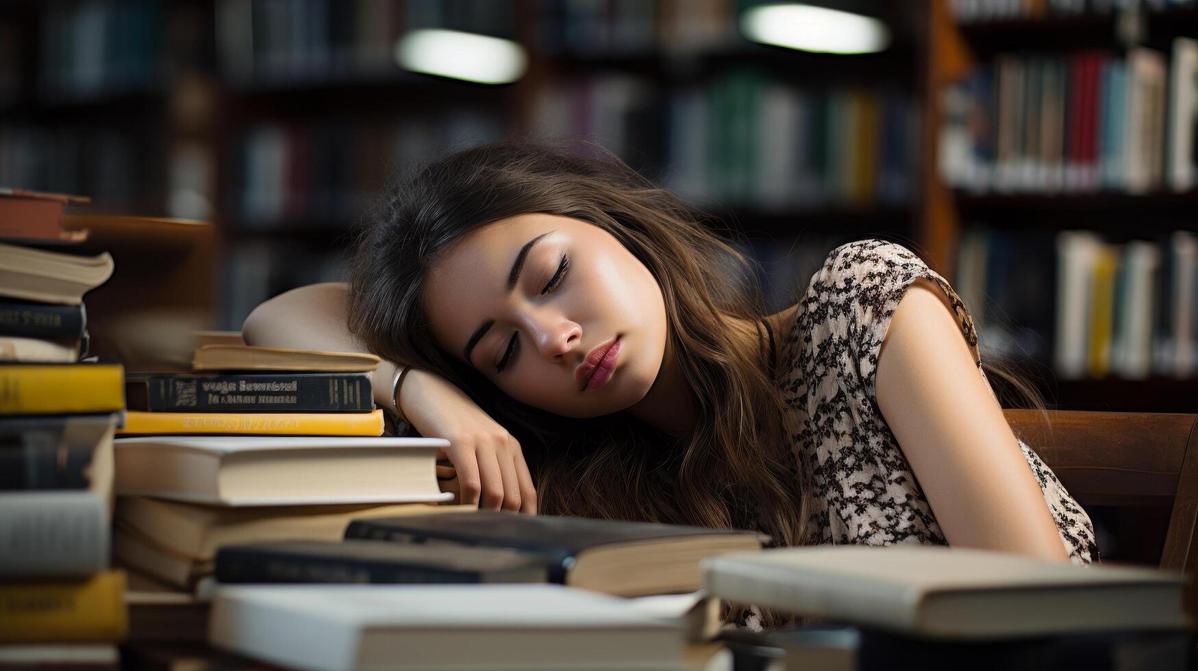 young woman sleeping on books in library photo