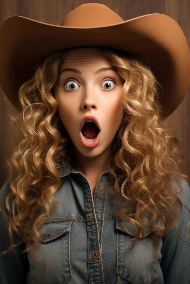 Surprised young woman with curly blonde hair wearing denim jacket photo