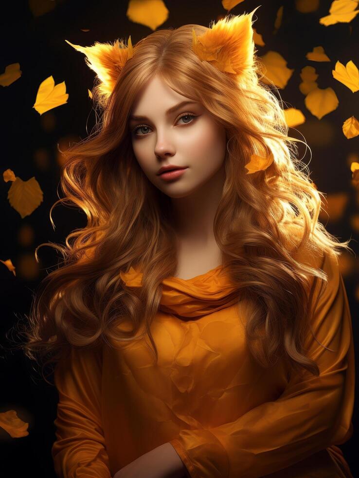 Autumn beauty with golden hair and leaves photo