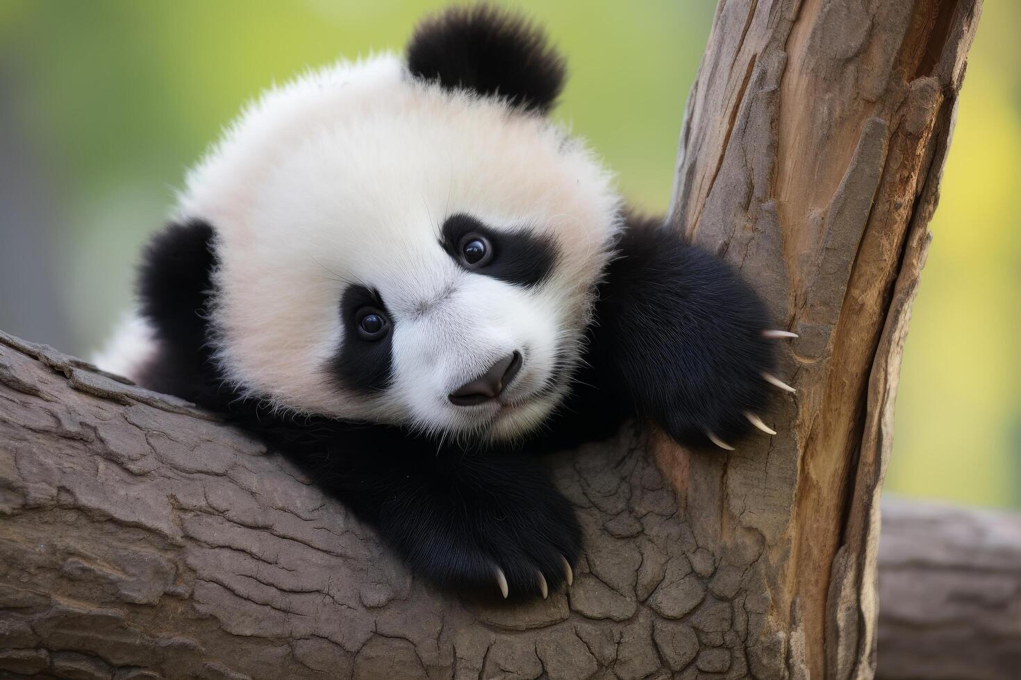 Adorable panda bear cub resting on tree branch photo
