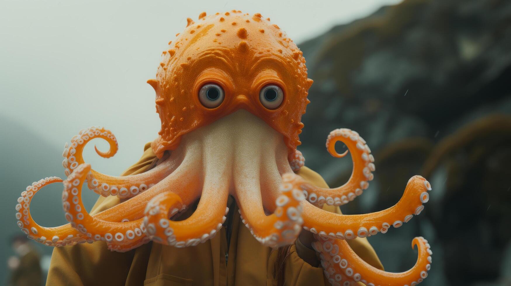 Closeup of a whimsical orange octopus creature photo