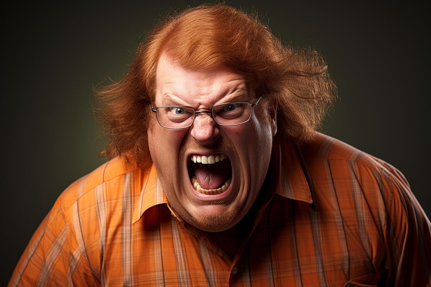 Angry man shouting loudly with red hair and glasses photo