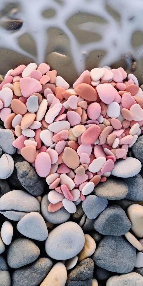 heart shaped candy and stones on beach photo
