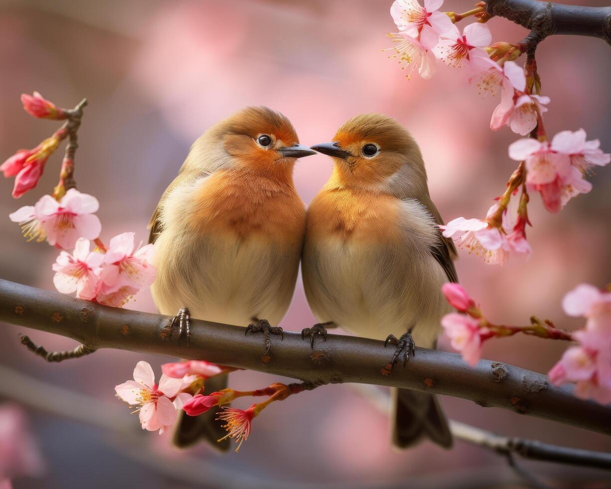 two adorable birds perched on a branch with pink blossoms photo