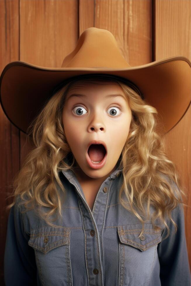 Surprised young girl in cowboy hat photo